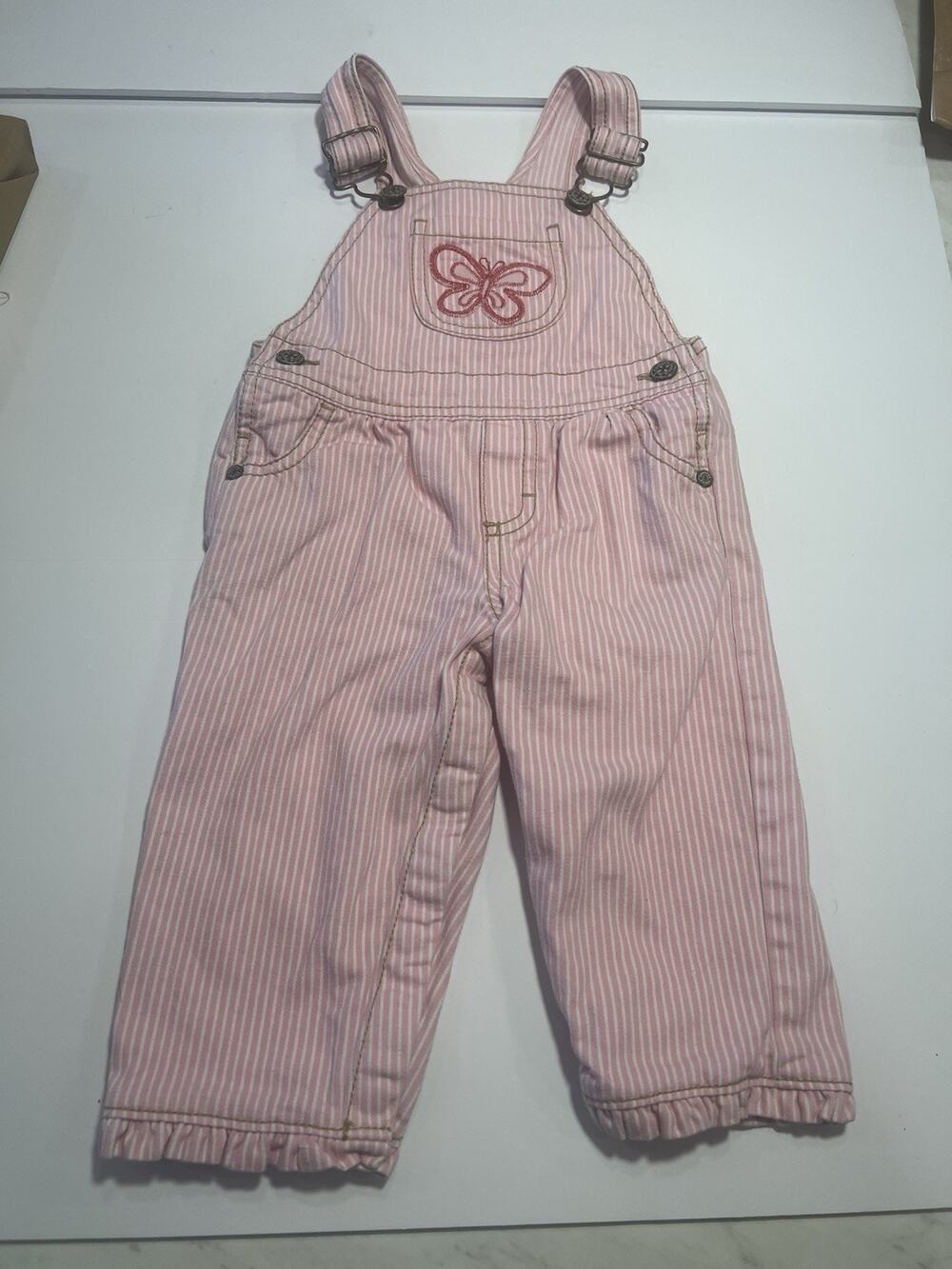 Oshkosh B'gosh VTG Girl 12 Month Pink Striped Bib Overalls Embroidered Butterfly